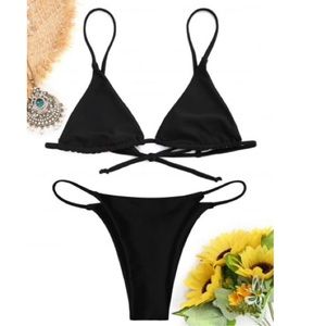 Black Bralette Thong String Bikini Set